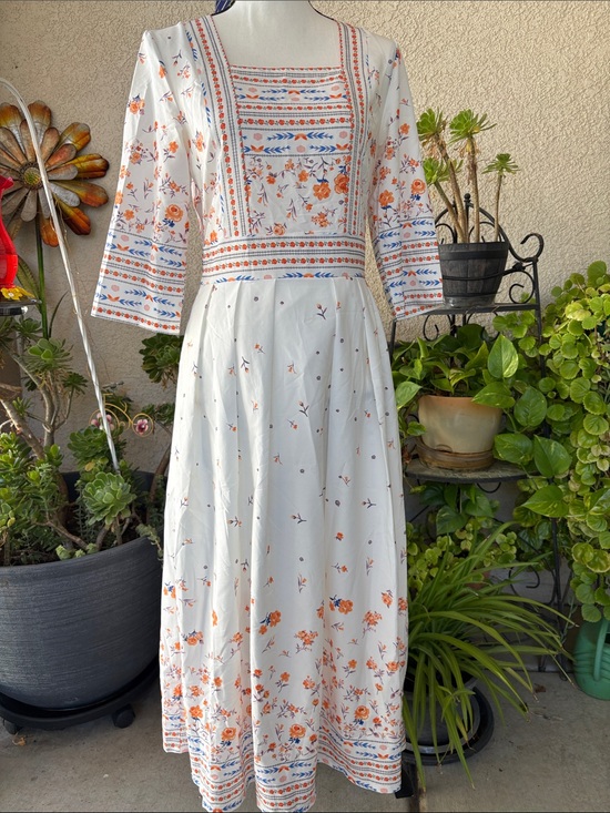 SHEIN Dresses & Skirts - SHIEN Off White Floral Embroidered Midi Dress - Orange & Blue Accents